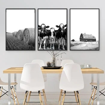

Farm Animal Cow Black White Photography Posters and Prints Barn Hay Bales Wall Art Canvas Painting Pictures Home Kitchen Decor