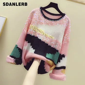 

Sequined Sweater Women Autumn New Korean Loose Long Sleeve Lazy Wind Sweater Female Streetwear Jumpers Pullover