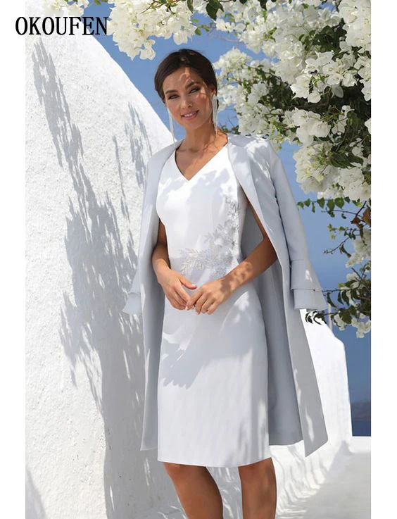 

Short Mother Of The Bride Dresses Jacket 2019 V 2 Pieces Kurti Silver Grey Wedding Party Guest Gown vestido de madrinha farsali