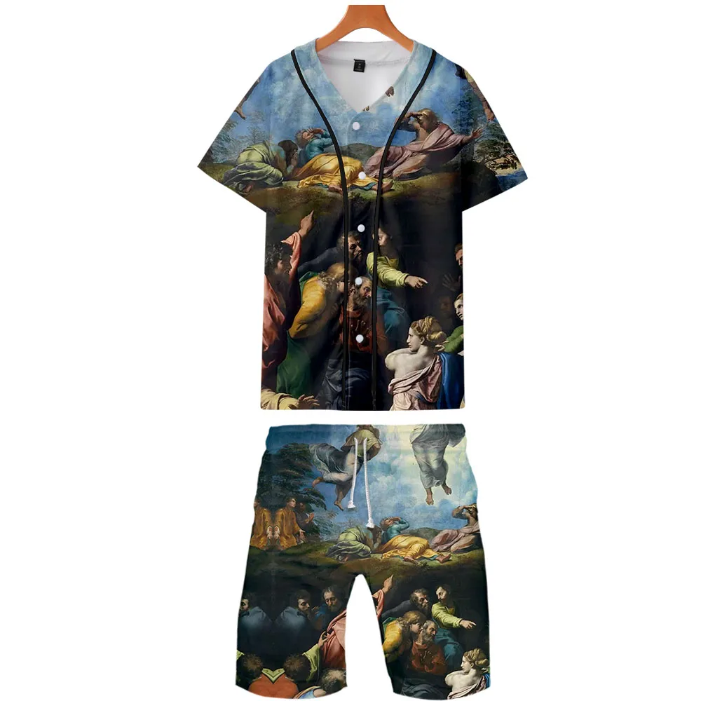 2019 Summer men Two piece set  Baseball uniform set World famous painting art Festival Knitted Party Clothes Streetwear Outfit