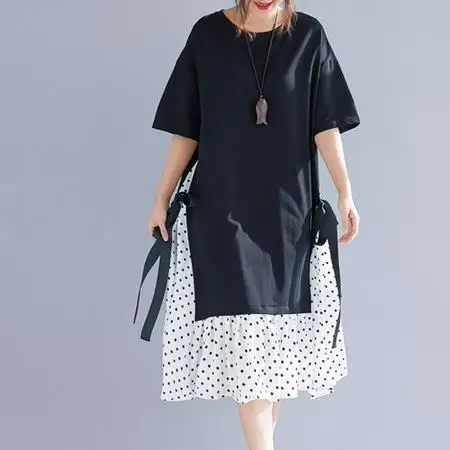 New Korean Patchwork Wave Point Tie Loose Summer Dresses Women O-Neck Casual Plus Dresses AE640