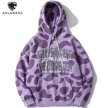 

Aolamegs Hoodie Men Cow Color Block Letter Print Plus Velvet Pullover Autumn Baggy Hooded High Street Fashion Couple Streetwear