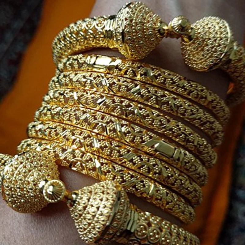 24k Luxury wedding Dubai Bangles Gold Color Bangles For Women Girls Wedding Bride India Bangles Bracelets Jewelry Gift Can Open