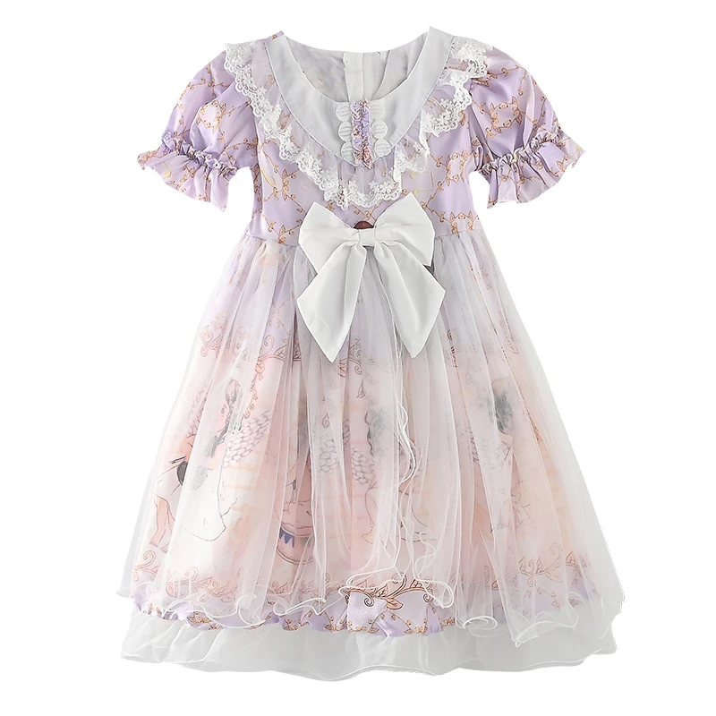 Princess Lolita Skirt Girls Summer New Western Children Cartoon Dress Short Sleeve Puffy Tulle Skirt cute kids loli clothes