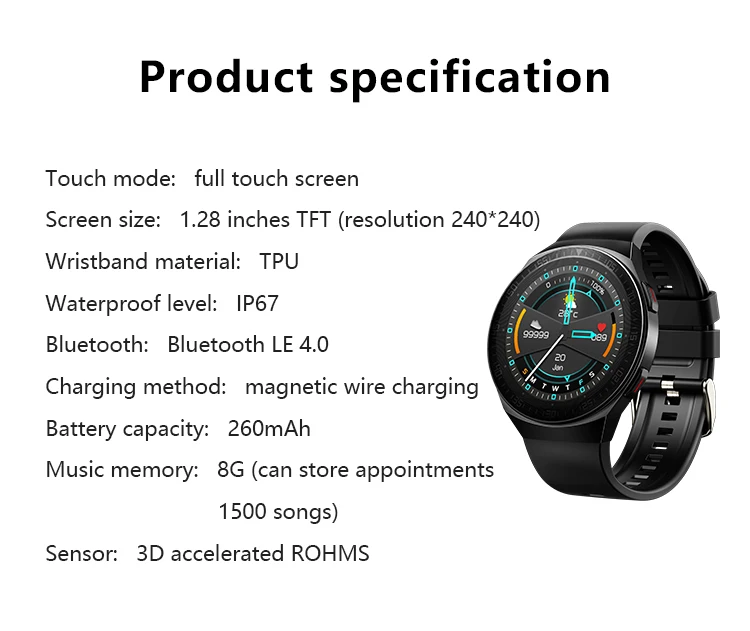 MT3 Smart Watch Men 8G Memory Music Bluetooth Call Smartwatch Full Touch Screen Recording Bracelet For IOS Android