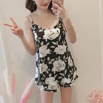 

Lady Summer sexy sleepwear lingerie пижама женская топ носки Women pajamas sleep tops Sleeveless Printing Camisole Set Suit
