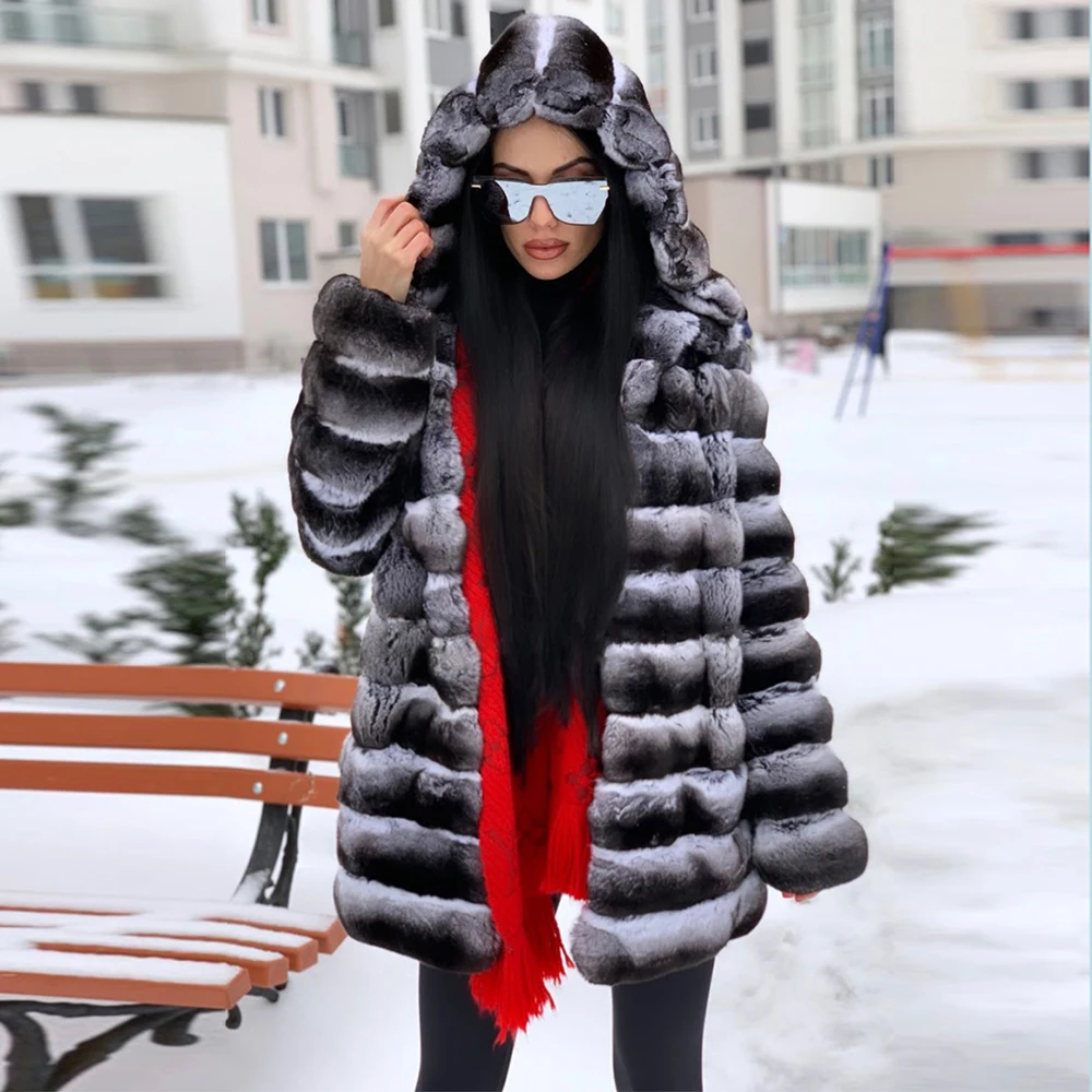 70cm Furealux пальто из натурального меха, зимняя меховая куртка для женщин, Толстая теплая верхняя одежда из меха кролика рекс с капюшоном, модное пальто из меха кролика - Цвет: 70cm