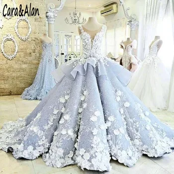 شراءفساتين زفاف فاخرة بحفلات رقبة شفافة مزينة بالدانتيل تنورة مزركشة دبي زي العرائس Vestidos De Novia 2020