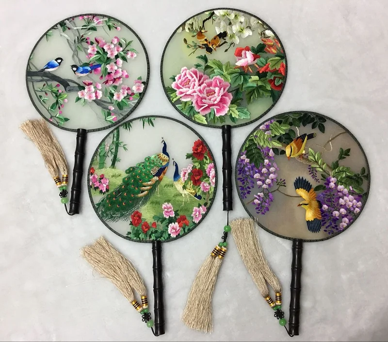 Luxury Decorative Mulberry Silk Round Fan Traditional Craft Gift Fan Handmade Double Embroidered Flower Chinese Hand Held Fans