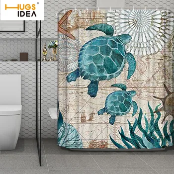 

HUGSIDEA Cartoon Turtle Print Shower Curtain Cool Ocean World Waterproof Curtain Bath Curtain Fahion Underwater Animal Curtains
