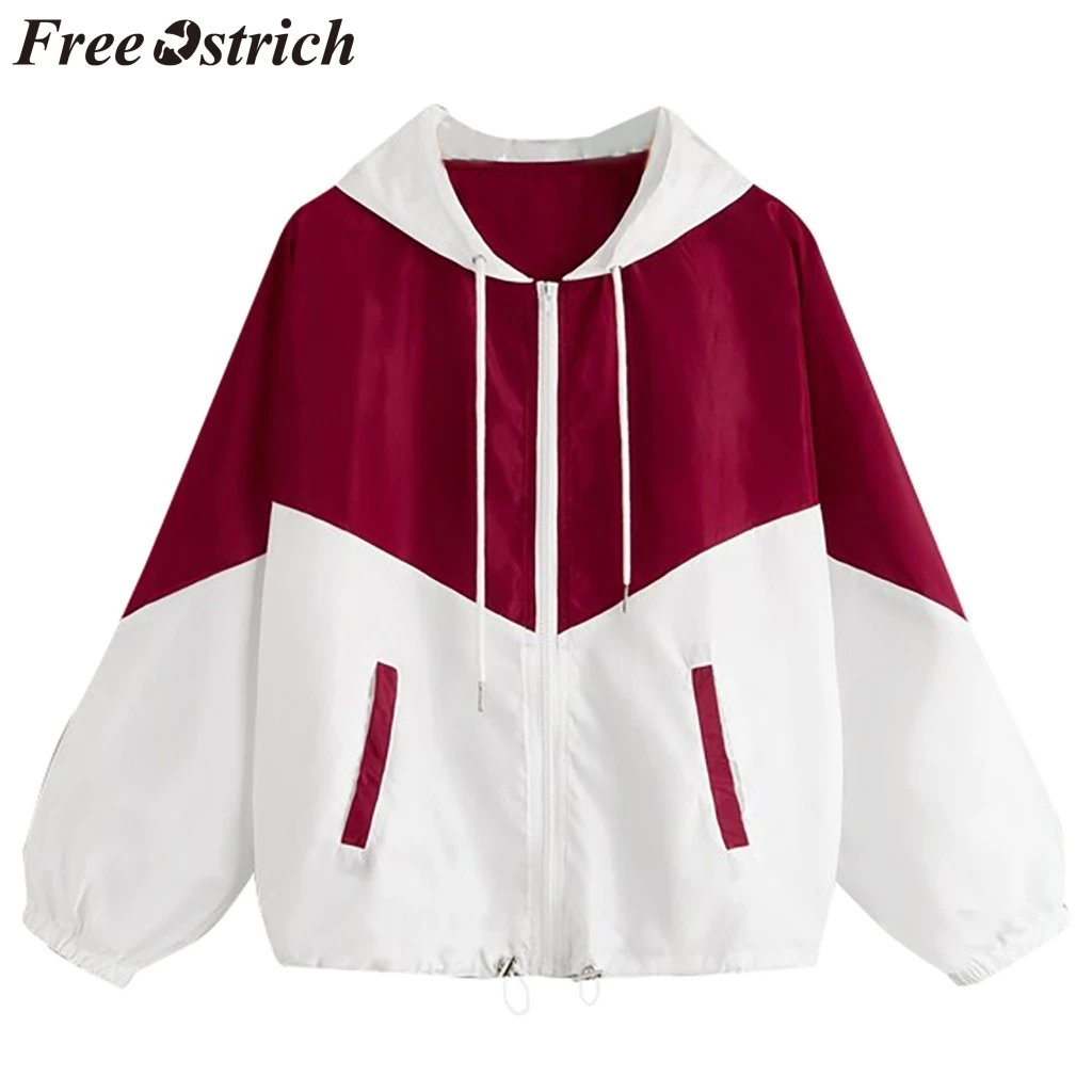 

FREE OSTRICH Coat Women Stitching Color Stripe Hood V-Neck Red Long Sleeve Loose Large Size Dignified Autumn Winter Coat Women