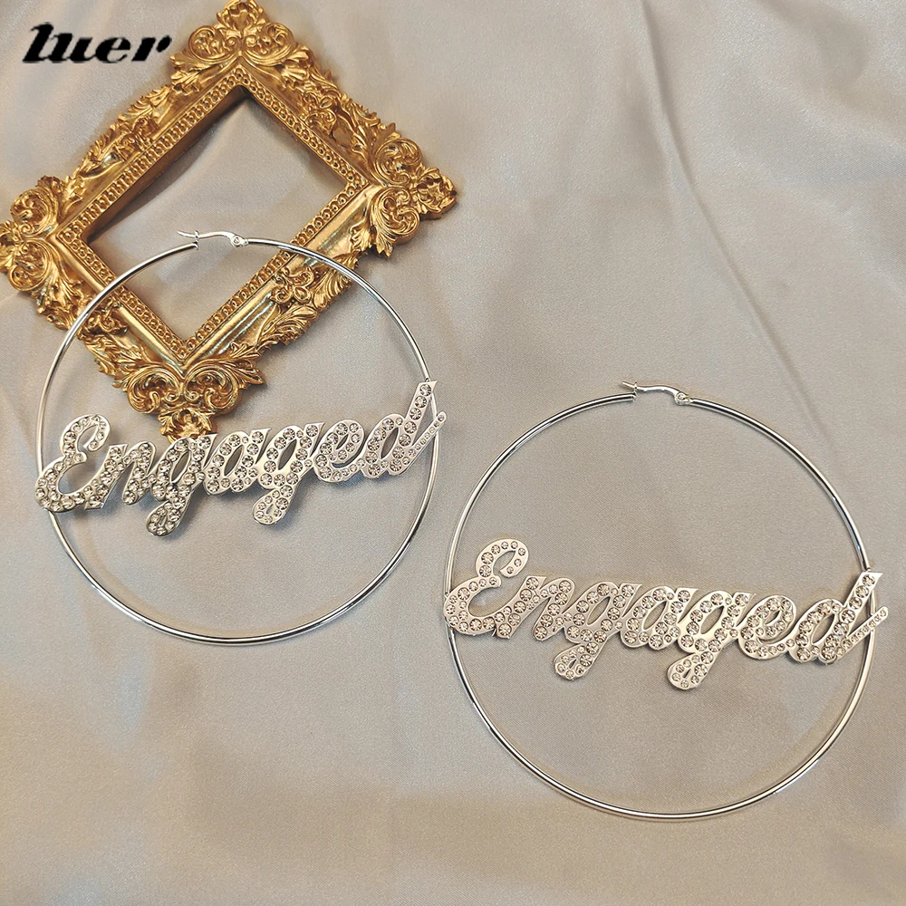 LUER 40-100mm Custom Name Hoop Earrings Bling Stainless Steel Big Earrings Letter Nameplate Design For Women Hiphop Jewelry Gift