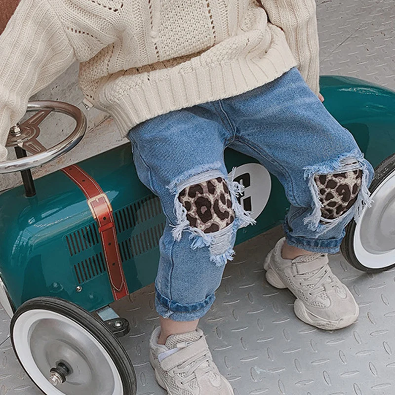 Calças de Brim Quebrado para o Bebê da Menina do Menino Keelorn Meninas Calças Crianças Rasgado Buraco Leopard 2020 Nova Primavera Jeans 3-7t 9 Mamãe e Bebê