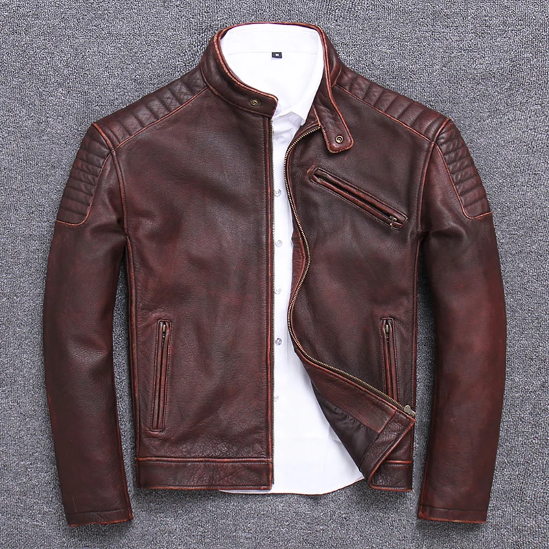 Tcyeek Genuine Leather Jacket for Men Fashion Cow Leather Coat Streetwear Men's Moto& Biker Coats Slim Casaco U-1806 - Цвет: red