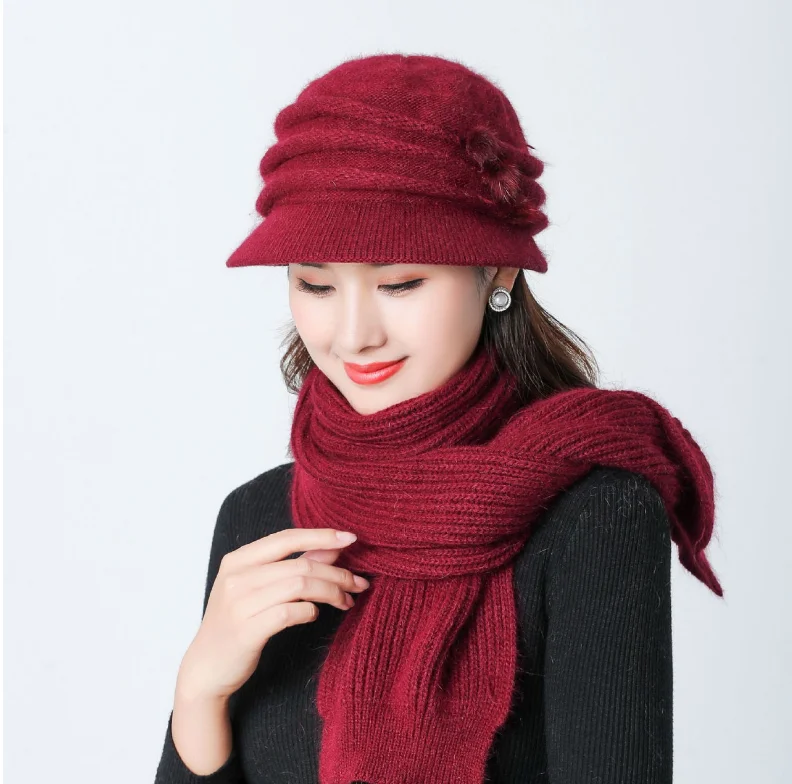 New Women Knitted Hats Winter Thicken Double Layer Casual Elegant Mixed Rabbit Hair Hat Elegant Female Hats