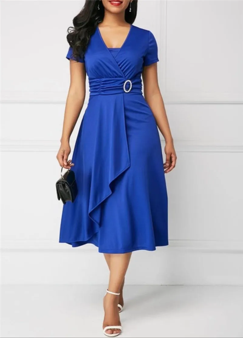 Элегантное асимметричное платье миди женское осеннее летнее однотонное Повседневное платье с коротким рукавом и v-образным вырезом большого размера с высокой талией S-5XL - Цвет: 3