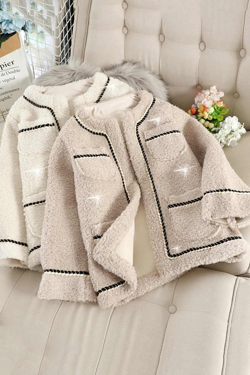 MUMUZI Faux fur jacket female autumn and winter new fashion round neck fur faux lamb fur coats with pockets