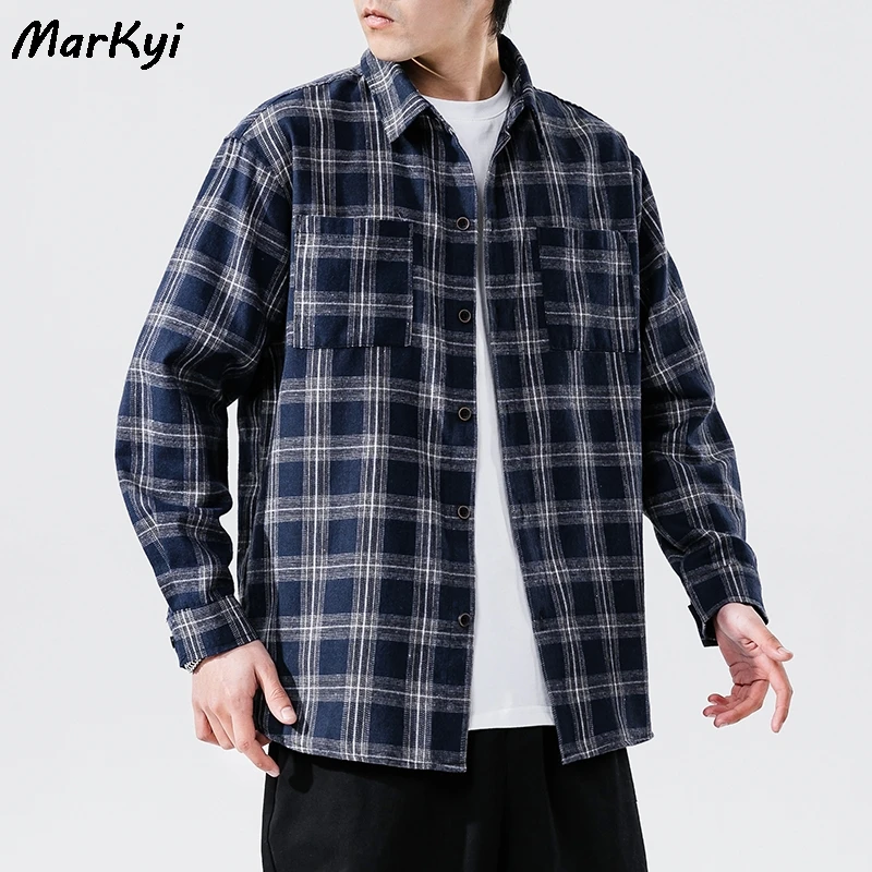 

MarKyi 2020 new casual spring luxury plaid long sleeve slim fit men shirt streetwear two pocket dress shirts japanese