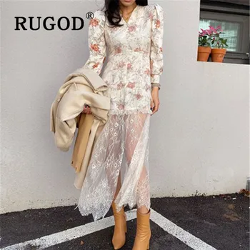 

RUGOD new mesh patchwork lace dress women fashion floral print puff sleeve tunic dress female temperament party dress vestidos