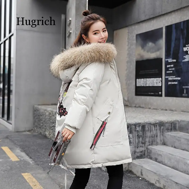Women's British Fashionable Cloth Pasted Embroidered Thickened Medium Length Cotton Padded Jacket
