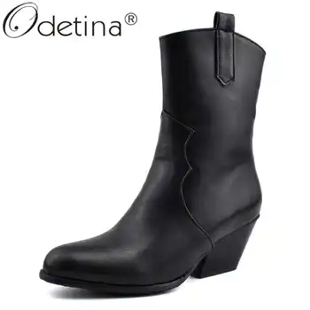 

Odetina Women Fashion Zip Up Block Mid Heel Winter Mid Calf Boots Lady Vintage Snake Printing Side Zipper Round Toe Western