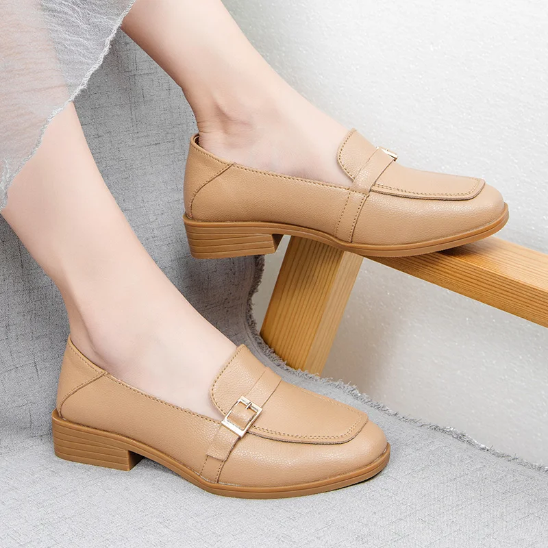 

MOOREGOOD Asakuchi Single shoes British style small leather shoes Wild Square heel Soft and comfortable Set of feet A pedal Loaf