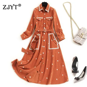 

Fashion Autumn Designer New Runway Dress Long Sleeve Women Turn Down Collar Embroidery Solid Casual Dress with Belt