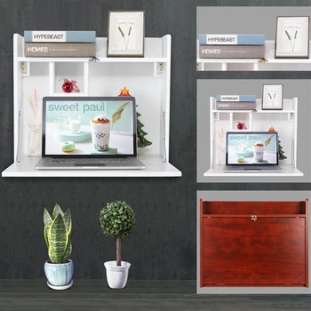 

Wall Mounted Table Wood Wall Floating Desk with Large Storage Area Multi-Function Computer Desk for Home Office Brown