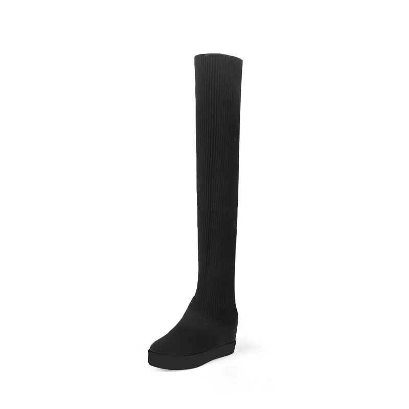 black thick fur MORAZORA/; Новое поступление; Сапоги выше колена; женские растягивающиеся сапоги; сезон осень-зима; изящная женская обувь на танкетке с круглым носком - Цвет: black thick fur