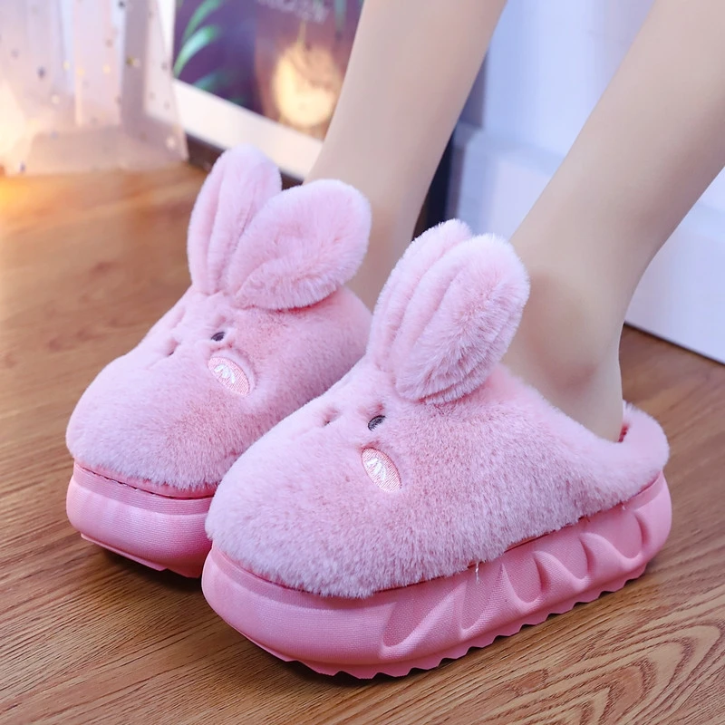Winter Women Plush Slippers Ladies Cute Pink Rabbit Home Shoes Woman's Fluffy Sandals Females Indoor Platform Slides | Обувь