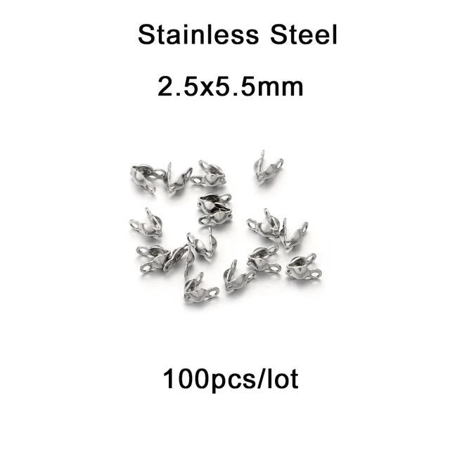100-200pcs Connector Clasp Fitting 4*7mm Ball Chain Calotte End Crimps Beads Connector Components For DIY Jewelry Making Supplie Stainless Steel 1