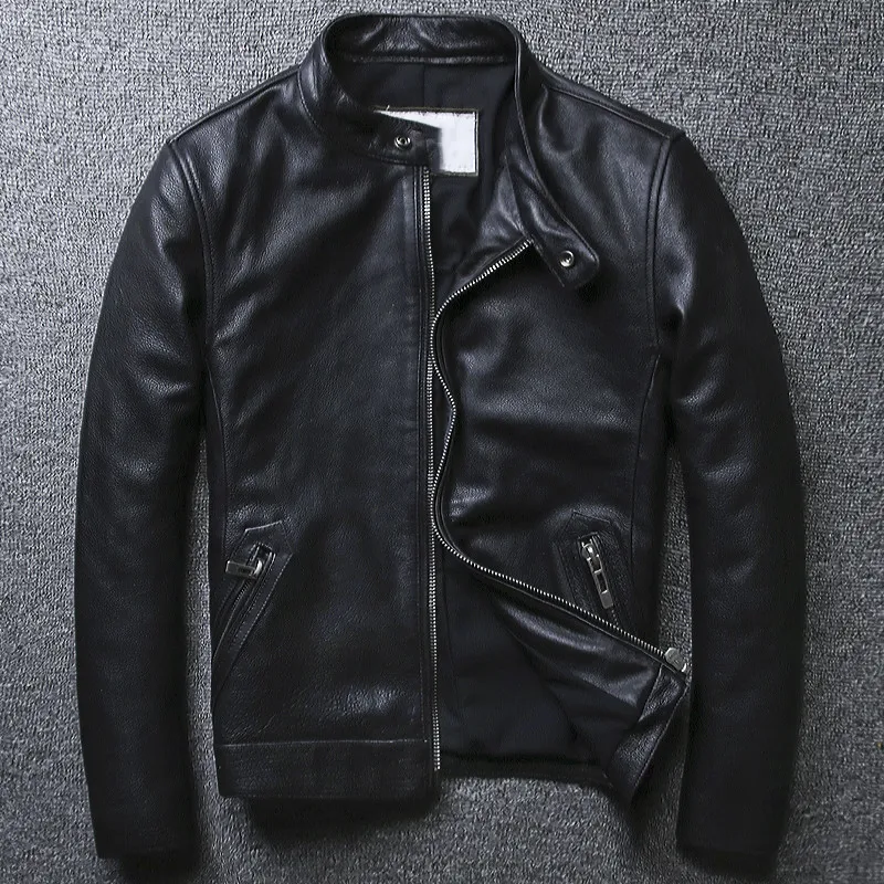 Черная Мужская мотоциклетная кожаная куртка в русском стиле, большие размеры XXXXXL, Натуральная Воловья кожа, весеннее тонкое байкерское кожаное пальто