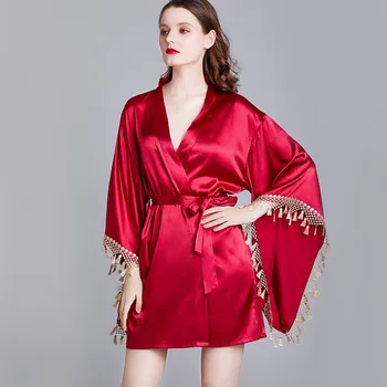

Women Oversize Sleepwear Red Satin BRIDAL WEDDING ROBE Sexy Intimate Lingerie Kimono Bathrobe Gown Tassel Lounge Homewear