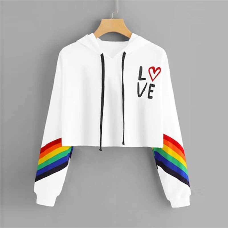 

Women Chic Long Sleeve Rainbow Color Hoodies Sweatshirt Sweet Korean Style Colorful Striped Korean Style Sweatshirt Pullovers