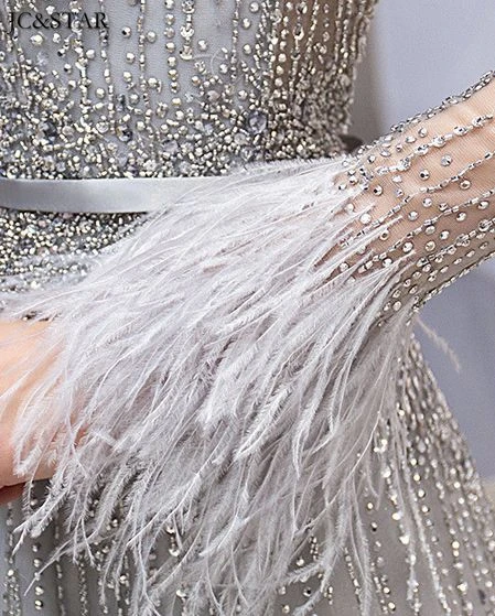 new tulle crystal feather long sleeve A Line silver grey Champagne gold bridesmaid dresses vestidos de fiesta de noche