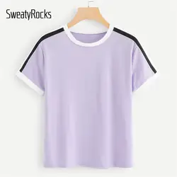 SweatyRocks Фиолетовый Круглый вырез Ringer тройник уличный с короткими рукавами Боковые Полосатые безрукавки 2019 летняя повседневная одежда для