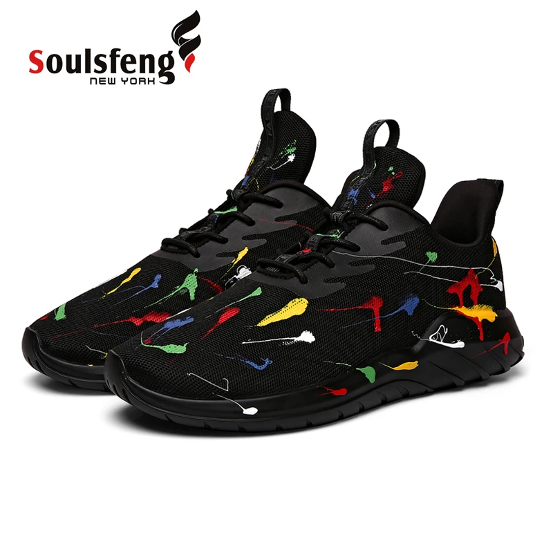 Soulsfeng Mens Running Shoes Mesh Breathable Lightweight Cushioning Training Inkjet pattern Athletic Sneakers Womens Summer
