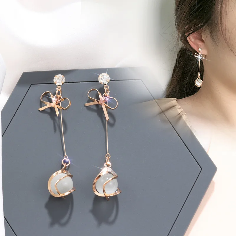 

Wholesale(12pair/lot) 2020 New Korean Style Cat's Eye Stone Earrings for Women Bow-knot Long Drop Earrings Fashion Jewelry Gifts