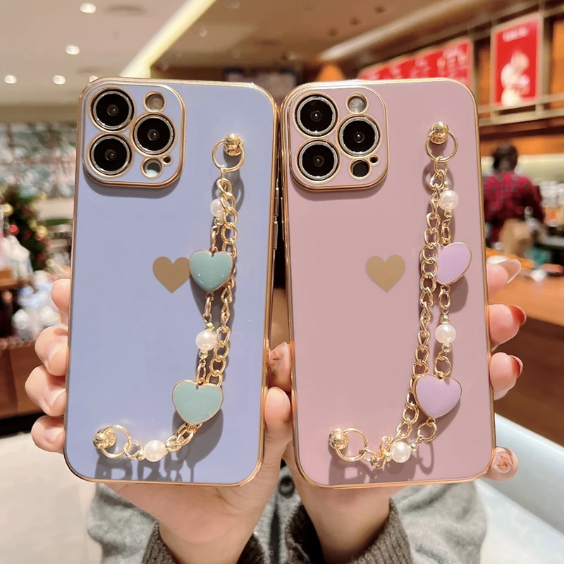 Plating Love Heart Bracelet Phone Chain Matte Soft Case For iPhone 13 12 11  Pro Max XS X XR 7 8 Plus Mini SE 2020 Silicone Cover