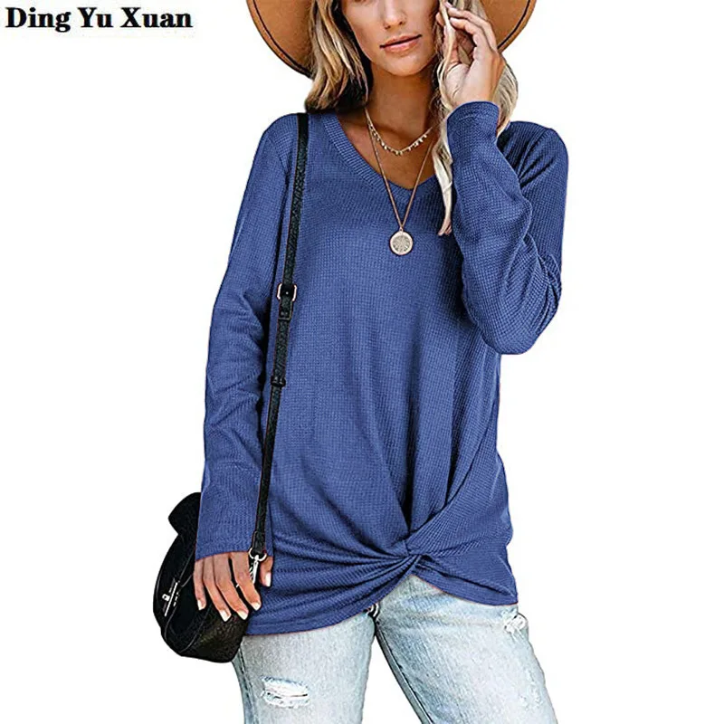 

Twist Front Tshirt Women Spring Autumn Winter Loose Pullover Casual Basic Tunic Tops Femme Long Sleeve V-neck Knitted Shirts