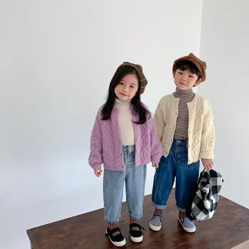 

2020 New Boys and Girls Twist Solid Color Long Sleeve Causal Cardigan Sweater Toddler Kids Basic Cotton Knitted Jacket Coats