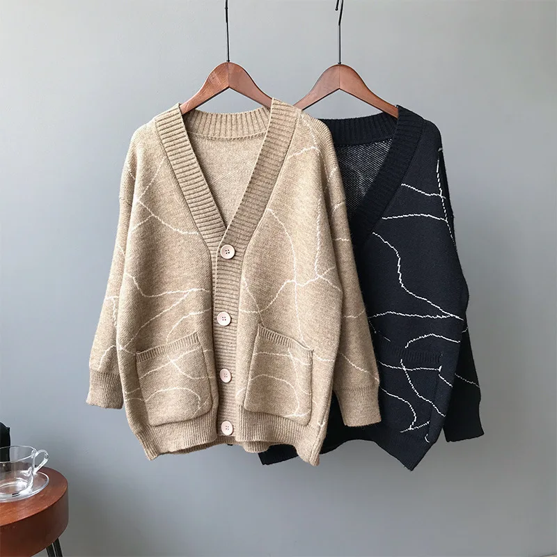 

Autumn 2019 New Single Breasted Women's Long Sleeve Knitted Cardigan Korean V-Neck Loose Casual Sweater Jacket Female Pockets