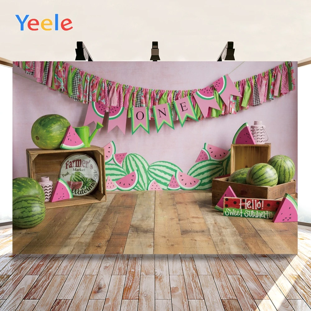 

Yeele Happy Birthday Watermelon Wood Flooring Vinyl Background Backdrop Photophone Baby Photo Studio for Decor Customized Size