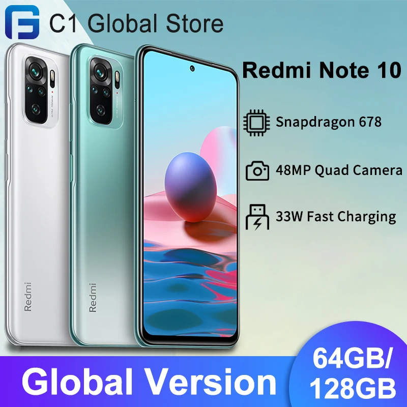 Versión Global Xiaomi Redmi Nota 10 teléfono móvil 4GB RAM 64GB / 128GB ROM Snapdragon 678 Octa Core 48MP Quad Cámara 33W