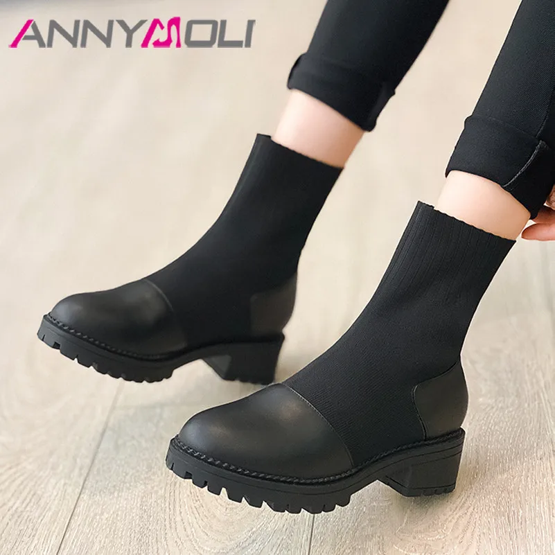 

ANNYMOLI Platform High Heel Woman Boots Natural Genuine Leather Ankle Boots Block Heel Shoes Ladies Short Boots Autumn Winter 43