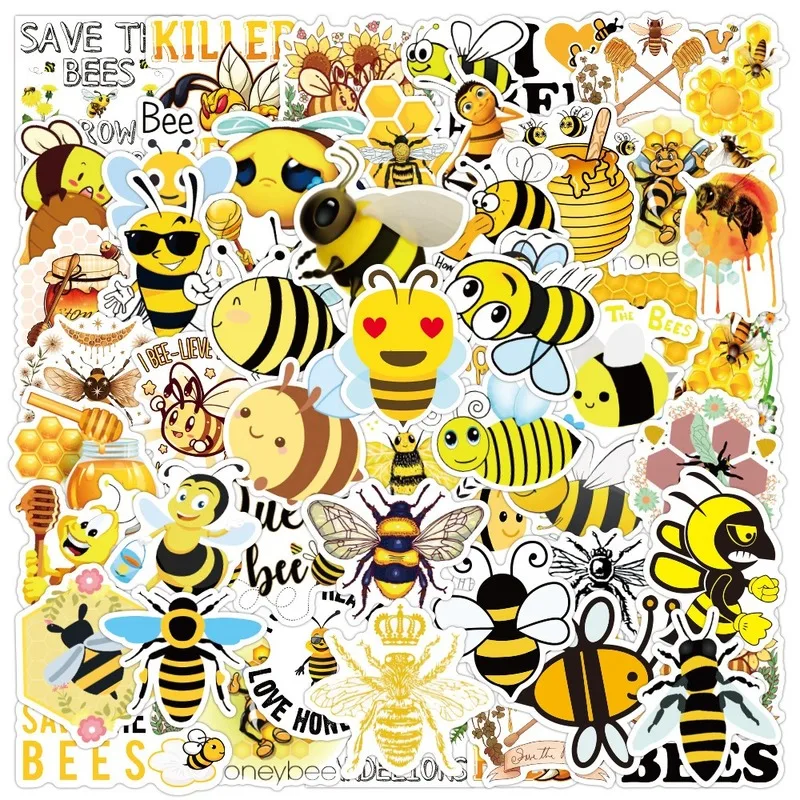 

50Pcs Cartoon Cute Little Bee Sticker Creative Yellow Cute Graffiti Stickers Waterproof PVC Decals Gift Guitar Decorative Toys