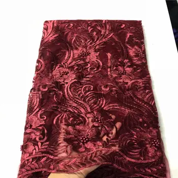 

Embroidered Tulle Lace Fabric, Red Pearls Lace Applique Fabric For Wedding, African 3D Flower Lace Fabric High Quality
