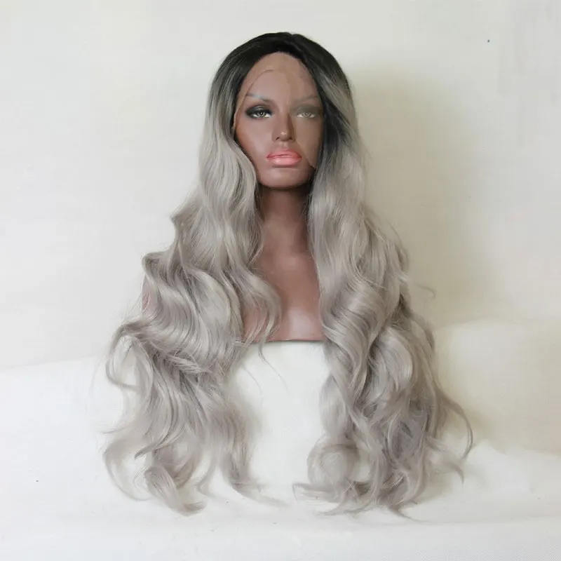 Bombshell темные корни Омбре серебристо-серый Свободная Волна синтетический 13*3 парик фронта шнурка Glueless термостойкие волокна волос для женщин парик