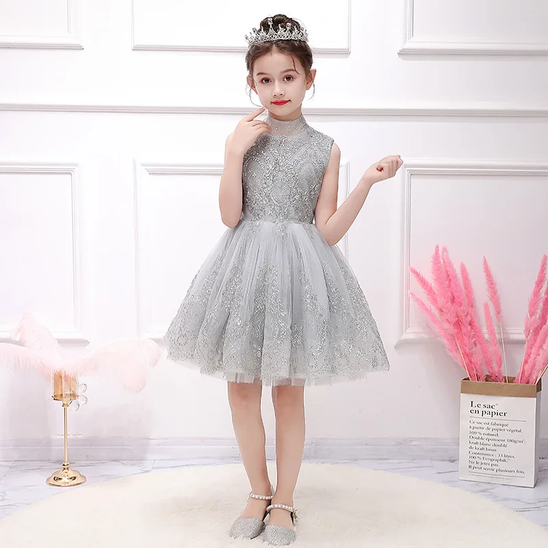 Серебристо-серое платье с вышивкой и пайетками для девочек; вечерние платья для девочек-подростков; роскошное детское платье; vestido