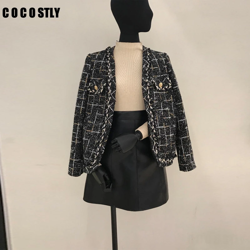 

New Womens Black Tweed Jackets Plaid Coats Autumn Small Fragrance Long Sleeve Elegant Tassel Jackets Open Stitch Coats Outerwear